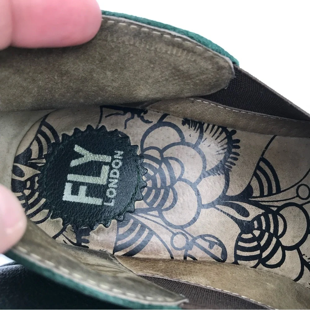 Fly London Shoes YUA Women's 39 US 8-8.5 Platform Wedges Green Leather Bootie